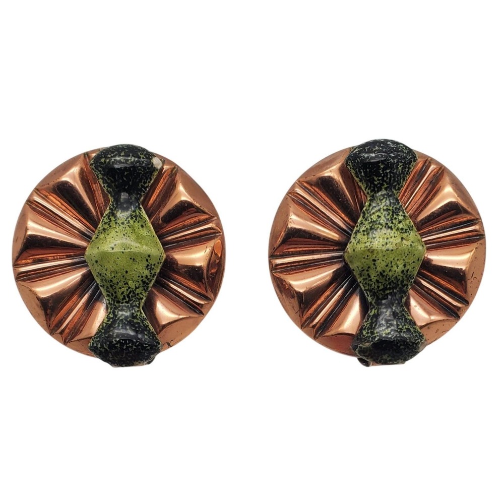 Matisse Renoir Clip Earrings Copper Green Enamel Sunburst Flower Modernist 1960s